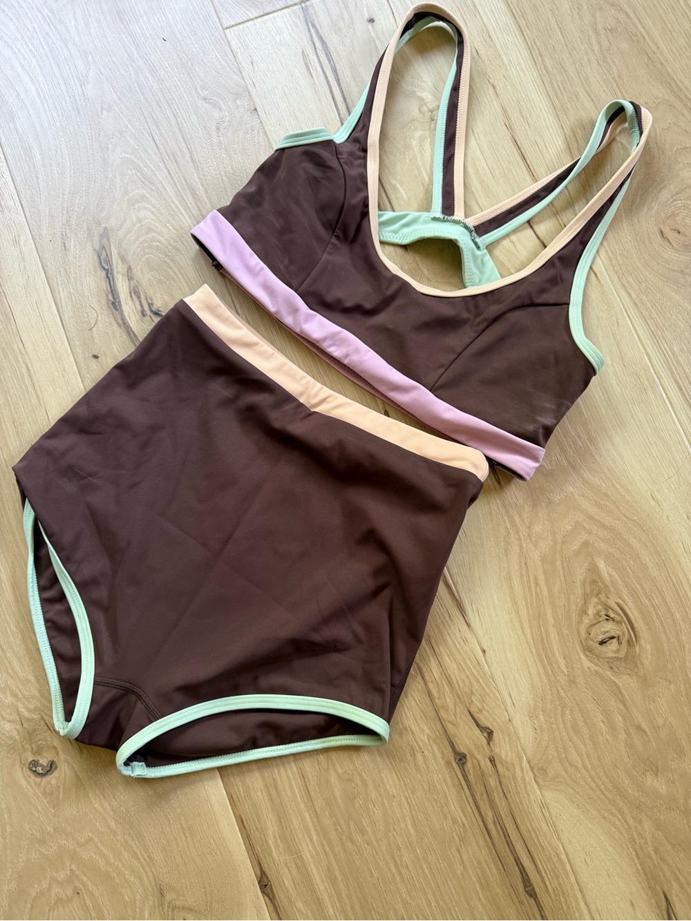 High-Waist Two-Piece Bikini Set in Chocolate with Pastel Trim